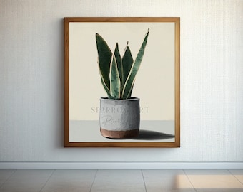 Flora Boho Plant Painting, Botanical Print, Snake Plant Home Wall Art, Downloadable Houseplant Print Art [Study 3]