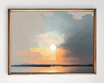 Waterside Sunset Impressionist Sunset Painting, Monet Inspired Printable Wall Art, Sunset Home Decor Waterfront Print