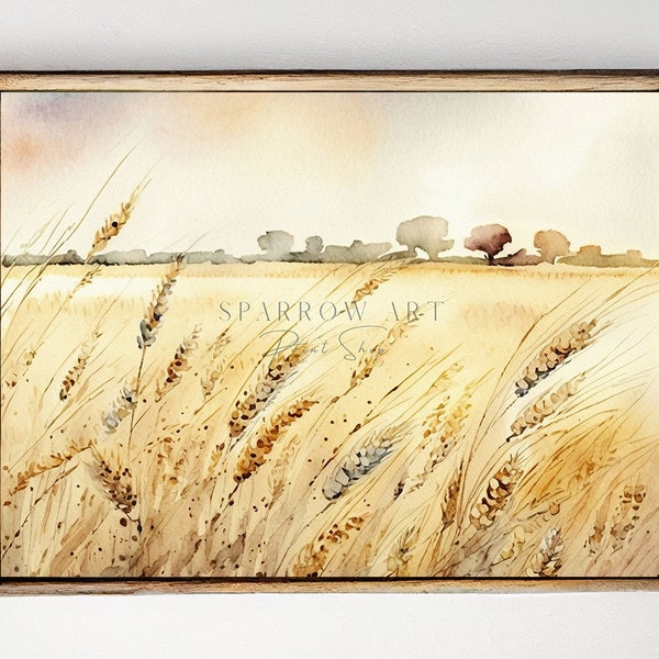 Wheat Fields Farmland Classic Watercolor Painting, Autumn Harvest Countryside, Downloadable Country Landscape Wall Art [Study 3]