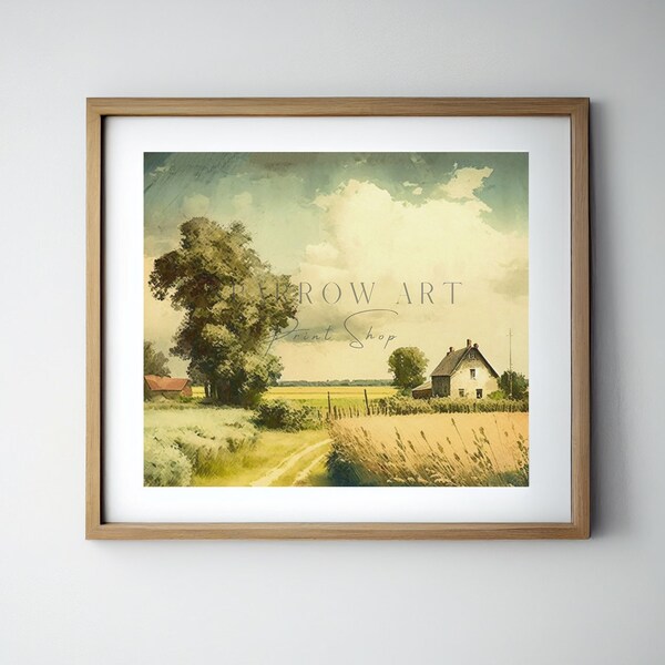 Country Lane Vintage Farmhouse Painting, Printable Rustic Farmland Country House Wall Art, Downloadable Home Decor [Study 3]