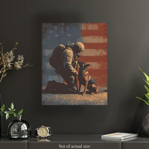 May include: A canvas print depicting a soldier kneeling to interact with a dog, set against a distressed American flag backdrop. The artwork features a color palette of brown, blue, and red, evoking a sense of patriotism and camaraderie.