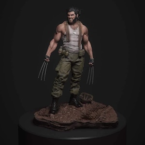 Peut inclure: Une figurine détaillée d'un personnage musclé aux cheveux sombres et favoris, portant un débardeur blanc, un pantalon cargo vert olive et des bottes noires. La figurine a des griffes métalliques sur chaque main, une cartouchière et des plaques.
