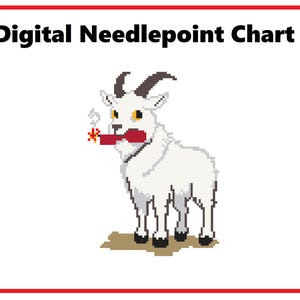 May include: Digital Needlepoint Chart graphic showing a pixelated white goat with black horns and hooves, holding a lit firecracker. The goat stands on a brown shadow against a white background, framed by a red border.