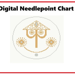 May include: Digital needlepoint chart featuring a gold and white design of a stylized house with a star on top and two stylized flowers on either side.