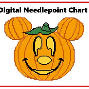 Puede incluir: Un gráfico de punto de aguja digital que presenta una calabaza con orejas de Mickey Mouse y una cara de calabaza de Halloween. La calabaza es naranja con un tallo verde y ojos, nariz y boca negros.