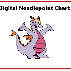 May include: Digital needlepoint chart featuring a purple and pink cartoon dragon with orange wings and yellow eyes. The dragon is smiling and has its arms outstretched.