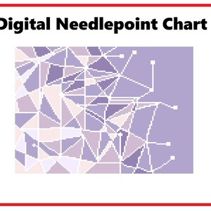 May include: Digital needlepoint chart with a geometric design in shades of purple, white, and light pink. The chart features a network of lines and shapes, with the text "Digital Needlepoint Chart" at the top, set against a white background with a red border.