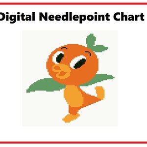 May include: Digital needlepoint chart featuring a cartoon orange bird with green leaves. The bird has large eyes and a beak.