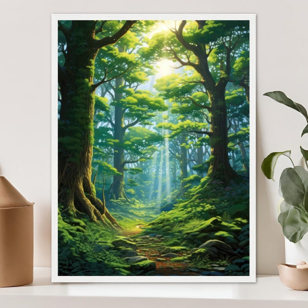 Verzauberter Märchen Wald Poster, magischer Wald Szene, mystischer Wald, Studio Ghibli inspirierte Kunst, Wandkunst