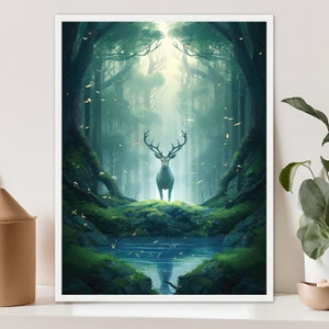 Deer in Magical Forest, Enchanted Fairy Tale Forest Poster, Magical Forest Scene, Mystical Forest, Studio Ghibli, Mystical Deer