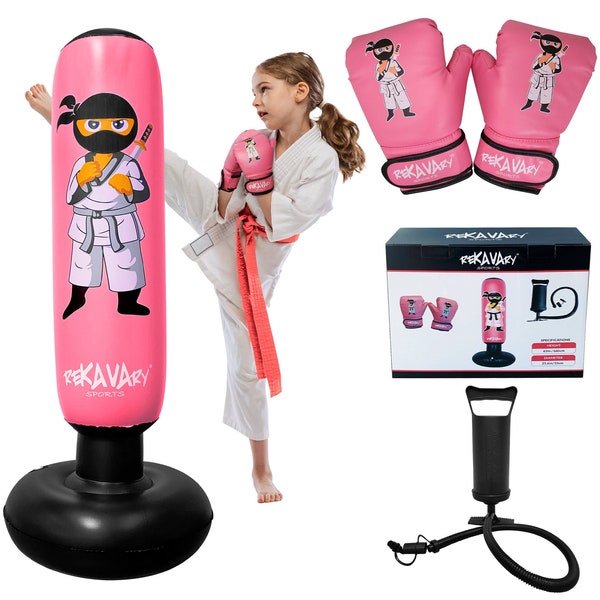 Kids Punching Bag Combo Kit Boxing Gloves Pump Repair Kit Ninja taekwondo kickboxing MMA KARATE JUDO  5' 3" Inflatable pink boxing bag