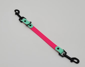 May include: A pink and turquoise dog leash with two black metal clips.