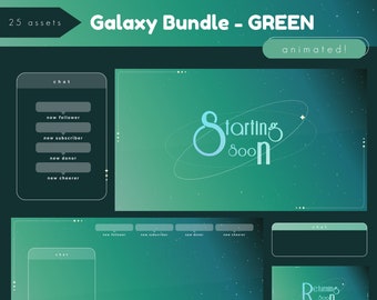 Galaxy Streamer Bundle (Green) - Stream Screens, Overlays, Transition Assets | Vtubers | OBS | Twitch | Youtube