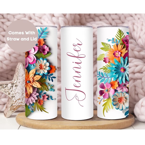 Personalized Floral Tumbler with Name, Custom 3D Flowers To Go Cup Birthday Gift For Her, 3D Floral Tumbler Cup for Mom, 3D Floral Mug