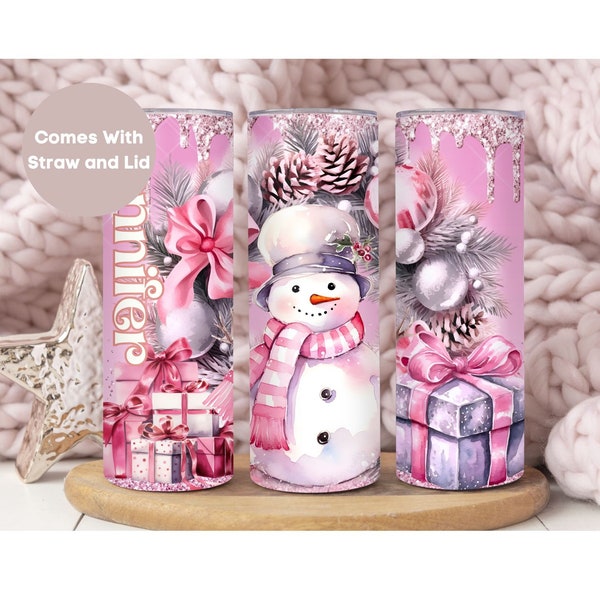 Personalized Christmas Tumbler, Custom Snowman Tumbler Cup, Cute Holiday Travel Cup, Pink Christmas Gift for Her, Snowman Mug,Christmas Gift