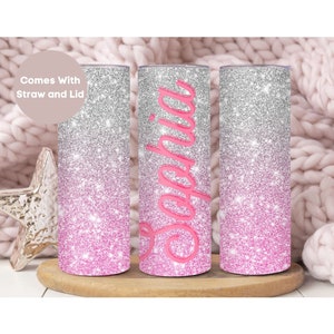 Personalized Glitter Name Tumbler With Straw And Lid, Custom Glitter To Go Cup Birthday Gift For Her, Pink and Silver Glitter Ombre Cup, Mug