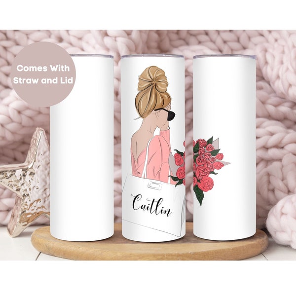 Personalized Fashionista Tumbler, Custom Fashion Girl To Go Cup Birthday Gift For Her, Girl with Flowers Tumbler Cup, Cute Fashionista Gift