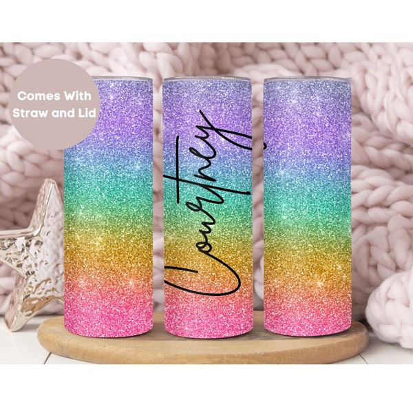 Personalized Glitter Name Tumbler, Cute Custom Glitter To Go Cup Birthday Gift For Her, Rainbow Glitter Tumbler Cup, Glitter Mom Tumbler