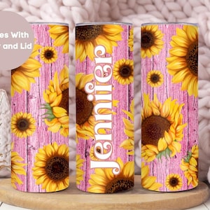 Personalized Sunflower Name Tumbler With Straw And Lid, Sunflower Custom Floral To Go Cup Birthday Gift For Her, Pink Sunflower Tumbler Cup