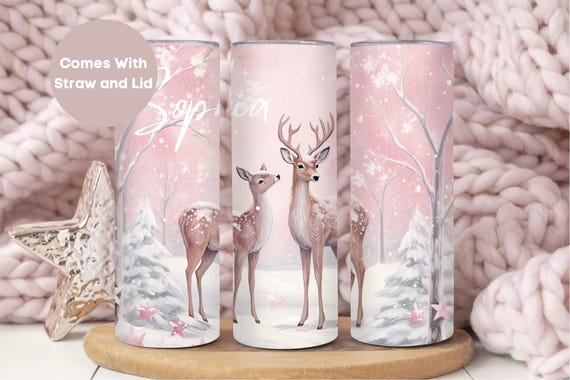 Personalized Deer Christmas Tumbler, Pink Deer Holiday Tumbler Cup, Custom Name Deer Christmas Mug, Winter Scene Tumbler, Animal Tumbler