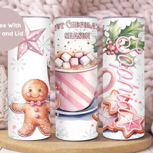 Personalized Christmas Tumbler, Custom Holiday Tumbler Cup, Hot Chocolate Travel Cup, Christmas Gift, Pink Winter Mug,Winter Gingerbread Cup