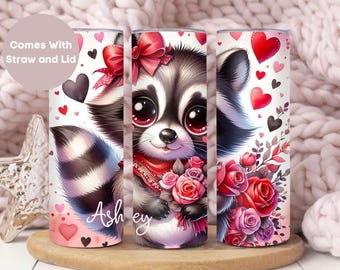 Personalized Raccoon Tumbler Gift For Her, Cute Baby Raccoon To Go Valentine's Day Cup, Custom Raccoon Mug, Animal Valentines Tumbler Cup