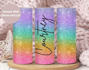 Personalized Glitter Name Tumbler, Cute Custom Glitter To Go Cup Birthday Gift For Her, Rainbow Glitter Tumbler Cup, Glitter Mom Tumbler