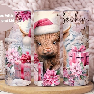 Personalized Highland Cow Christmas Tumbler, Baby Highland Cow Tumbler Holiday Cup, Custom Name Highland Cow Mug,Skinny Tumbler With Lid
