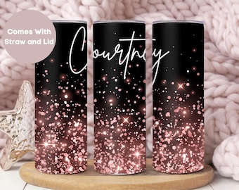 May include: Three stainless steel tumblers with black and rose gold glitter designs. The tumblers have the name "Courtney" written in white script on the front.