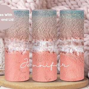 Personalized Summer Tumbler, Custom Summer Vacation To Go Cup Birthday Gift For Her, Beach Tumbler Cup, Ocean Travel Cup, Pink Beach Mug