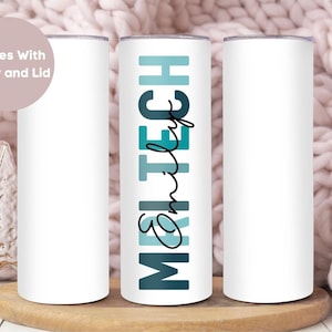 May include: Three white stainless steel tumblers with a blue and green ombre design and the text "Mri Tech Emily" on one of the tumblers.