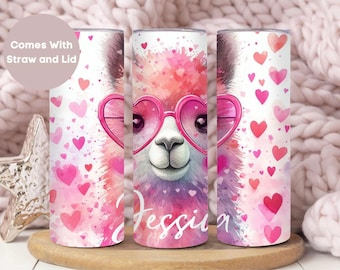 Personalized Llama Tumbler Gift For Her, Cute Llama with Pink Sunglasses Valentine's Day Cup, Custom Llama Mug,Animal Valentines Tumbler Cup