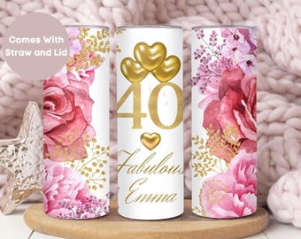 Personalized 40 and Fabulous Milestone Birthday Tumbler With Straw, Custom Floral 40th Birthday Gift For Women, 40th Birthday Cup for Her