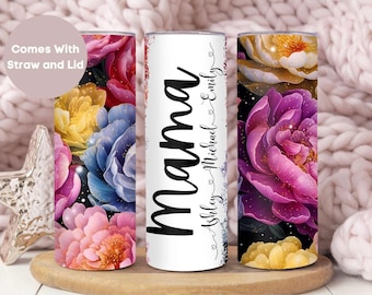 Personalized Mama Tumbler Gift from Kids for Mothers Day, Custom Grandma Gift from Grandkids, Auntie Travel Cup with Names, Floral Mom Mug