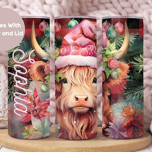 Personalized Highland Cow Christmas Tumbler, Baby Highland Cow Tumbler Holiday Cup, Custom Name Highland Cow Mug,Skinny Tumbler With Lid