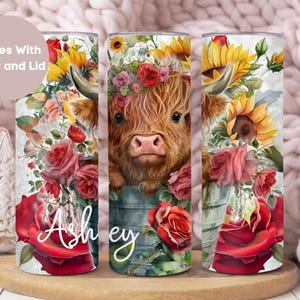Personalized Highland Cow Tumbler Gift For Her, Baby Highland Cow Tumbler Birthday Cup, Custom Name Highland Cow Mug,Skinny Tumbler With Lid
