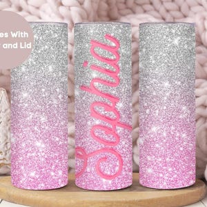 Personalized Glitter Name Tumbler With Straw And Lid, Custom Glitter To Go Cup Birthday Gift For Her, Pink and Silver Glitter Ombre Cup, Mug