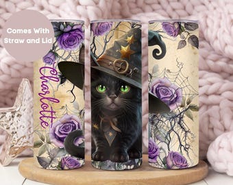 Black Cat Halloween Tumbler, Fall Black Cat Tumbler Cup, Witch Travel Cup, Autumn Gift for Fall Lover, Cat Lover Gift,Cute Halloween Cat Mug