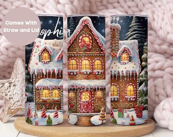 Personalized Gingerbread House Christmas Tumbler, Winter Scene Holiday Tumbler Cup, Custom Name Christmas Mug,Skinny Winter Tumbler With Lid