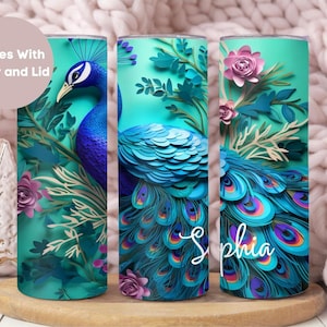 Personalized Peacock Tumbler with Name, Custom Peacock Tumbler Cup Gift For Her, Peacock Lover Gift, 3D Peacock Travel Mug, Blue Peacock Cup