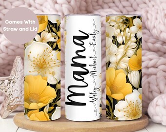 Personalized Mama Tumbler Gift from Kids for Mothers Day, Custom Grandma Gift from Grandkids, Auntie Travel Cup with Names, Floral Mom Mug