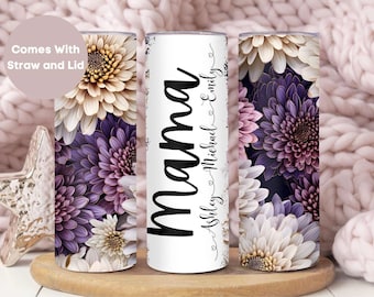 Personalized Mama Tumbler Gift from Kids for Mothers Day, Custom Grandma Gift from Grandkids, Auntie Travel Cup with Names, Floral Mom Mug