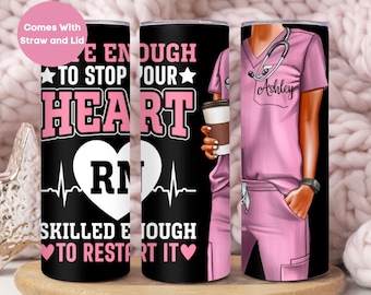 Personalized RN Nurse Tumbler, Custom Registered Nurse Quote Tumbler Cup, Nurse Appreciation Gift, Black and Pink Nurse Scrubs 20oz Mug
