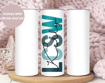 May include: Three white stainless steel tumblers with a teal, blue, and black design that says "Kelsey" on one of the tumblers. Comes with straw and lid.