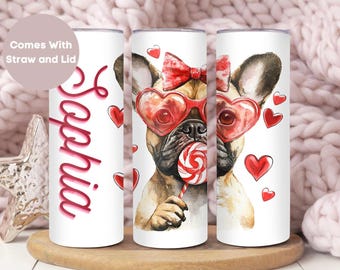 Personalized French Bulldog Tumbler Gift For Her, Frenchie Valentine's Day Cup, Custom Frenchie Lover Gift, Bulldog with Sunglasses Mug