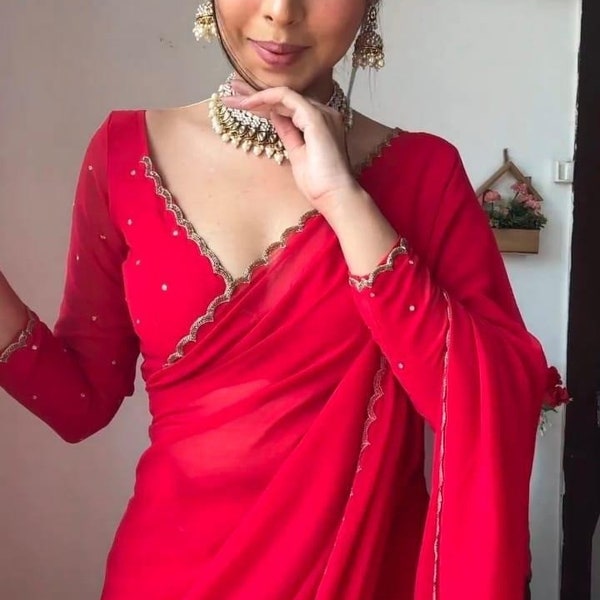 Saree rouge premium en georgette, sari pour femme américaine, sari pour femme britannique, sari prêt-à-porter rouge, sari pour tenue de mariage, sari indien traditionnel