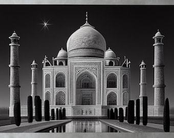 Black and White Taj Mahal Art Print, India Home Decor (Digital Download)