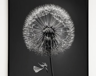 Black and White Dandelion Print, Modern Floral Wall Art (Digital Download)