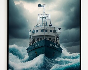 Stormy Seas Ship Art Print, Nautical Seascape (Digital Download)