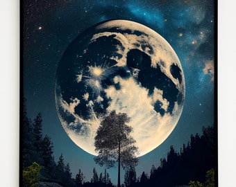 Impresión de paisaje nocturno de luna llena, estrellas y naturaleza (descarga digital)